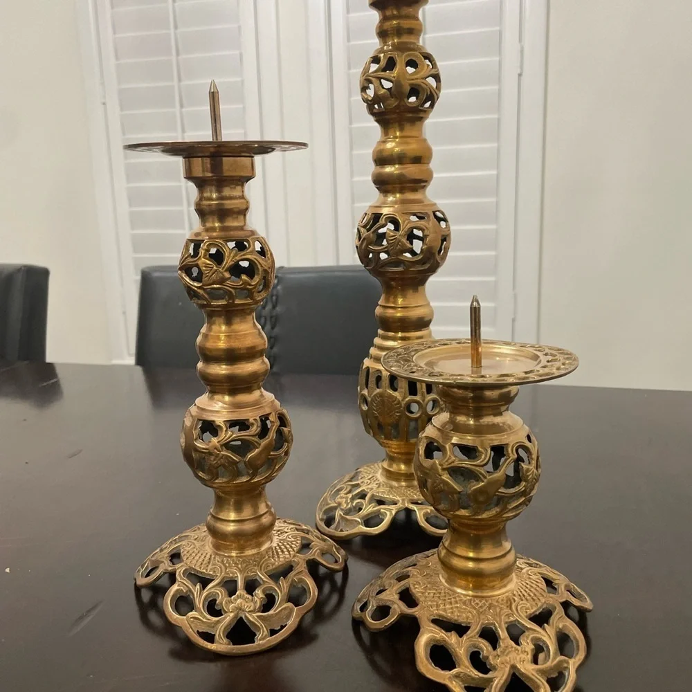 Vintage Ornate Filigree Brass Candle Holder Trio, 13 1/2 in, 9 1/2, 5 1/2